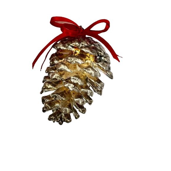 Silver Pine Pinecone Ornament With Red Bow - Picture 11 of 15